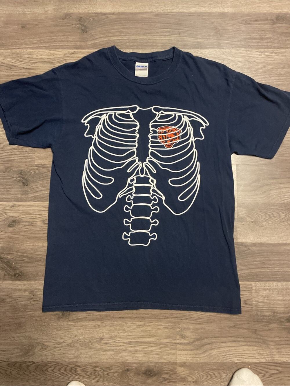 Chicago Bears Skeleton T-Shirt Navy Blue Men's Med Rib Cage Spine Front Back Hit